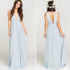 She Me Your Mumu Ava Maxi Long Deep V Steel Blue Bridesmaid Dress